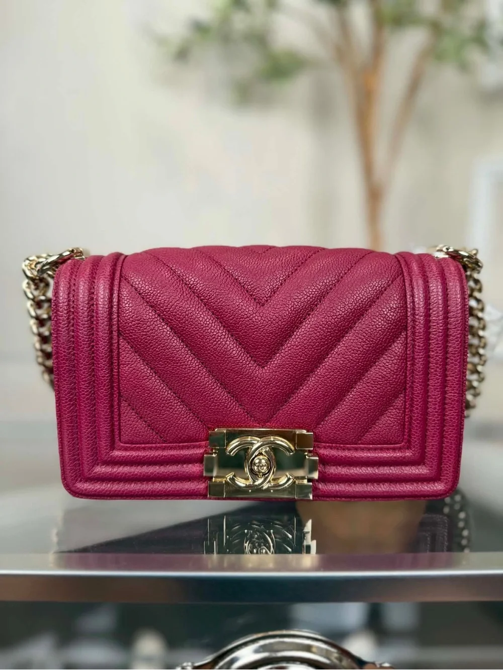 CHANEL Boy Chevron Quilted Crossbody Bag in Deep Berry with Gold Hardware